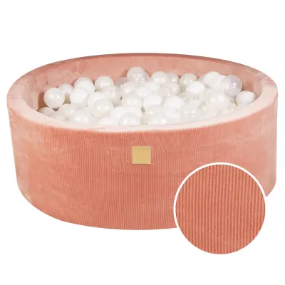 MeowBaby® Round Ball Pit z žogicami 7cm za otroka, 90x30cm/200 žogic, Corduroy žamet, Apricot: bela, white pearl, prozorna