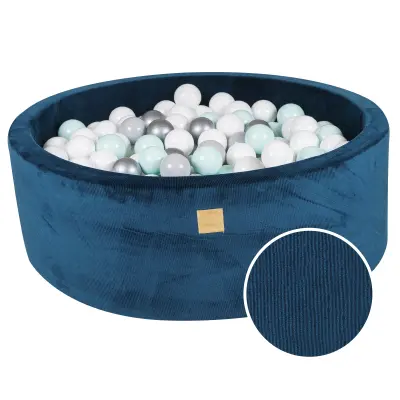 MeowBaby® Round Ball Pit z žogicami 7cm za otroka, 90x30cm/200 žogic, Corduroy žamet, Sea blue: bela, siva, srebrna, mint