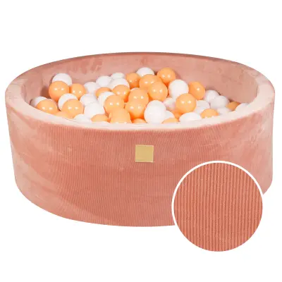 MeowBaby® Round Ball Pit z žogicami 7cm za otroka, 90x30cm/200 žogic, Velvet žamet, Apricot: bela, oranžna