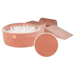 MeowBaby Penasti igralni set z jamo za žogo 90x30cm/200 žogic 7cm, Igralni set za otroka, 3 elementi, Velvet žamet, Roza, Žoge: bela, bela perla, proz