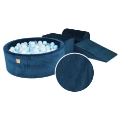 MeowBaby® Penasti igralni set z jamo za žogo 90x30cm/200 žogic 7cm, Igralni set za otroka, 4 elementi, Velvet žamet, Morsko modra, Žoge: bela, baby modra, prozorna
