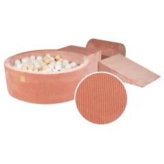 MeowBaby® Penasti igralni set z jamo za žogo 90x30cm/200 žogic 7cm, Igralni set za otroka, 4 elementi, Velvet žamet, Apricot, Žogice: bela perla, bež, prozorna