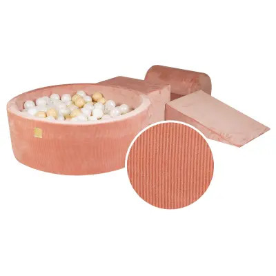 MeowBaby Penasti igralni set z jamo za žogo 90x30cm/200 žogic 7cm, Igralni set za otroka, 3 elementi, Velvet žamet, Roza, Žogice: bela perla, bež, pro