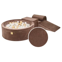 MeowBaby® Penasti igralni set z jamo za žogo 90x30cm/200 žogic 7cm, Igralni set za otroka, 4 elementi, Velvet žamet, Čokolada, Žogice: bež, bela perla
