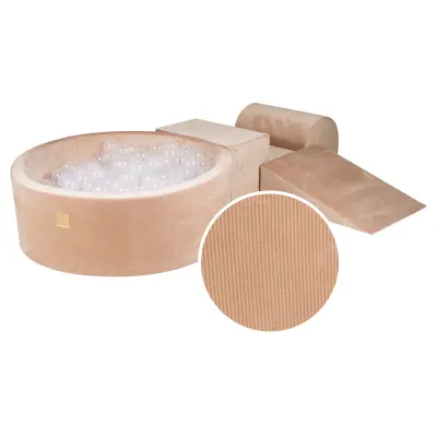 MeowBaby® Penasti igralni set z jamo za žogo 90x30cm/200 žogic 7cm, Igralni set za otroka, 4 elementi, Velvet žamet, Pesek, Žoge: prozorne