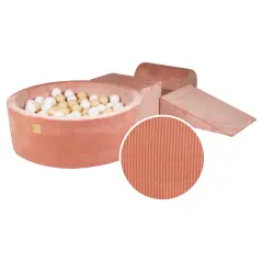 MeowBaby® Penasti igralni set z jamo za žogo 90x30cm/200 žogic 7cm, Igralni set za otroka, 3 elementi, Velvet žamet, Roza, Žoge: bela, bež