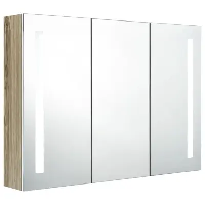 vidaXL LED kopalniška omarica z ogledalom 89x14x62 cm bela in hrast