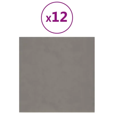 vidaXL Stenski paneli 12 kosov svetlo sivi 30x30 cm žamet 1,08 m²