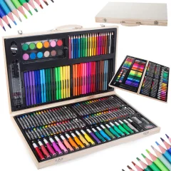 180 delni umetniški komplet barvic in flomastrov za slikanje v lesenem kovčku