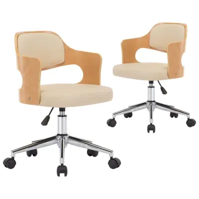 vidaXL Vrtljivi jedilni stoli 2 kosa krem ukrivljen les in um. usnje