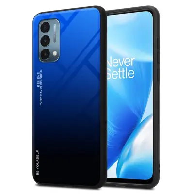 CADORABO Ohišje, združljiv z OnePlus v modri barvi - črni - dvobarvni zaščitni pokrov iz silikona TPU in hrbta iz kaljenega stekla