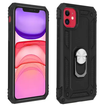 Ovitek za iPhone 11, odporen na udarce, s kovinskim držalom za obrocke - crn