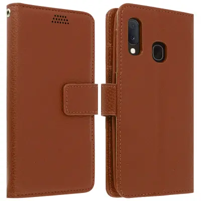 Folio etui, držalo za kartice in stojalo za video, zrnat ucinek - rjava str. Samsung Galaxy A20e