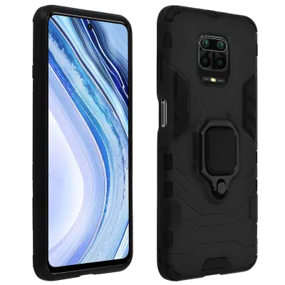 Ovitek za Xiaomi Redmi Note 9 Pro Max / 9 Pro / 9S, odporen na udarce, s kovinskim držalom za prstan, zbirka prstanov - crn
