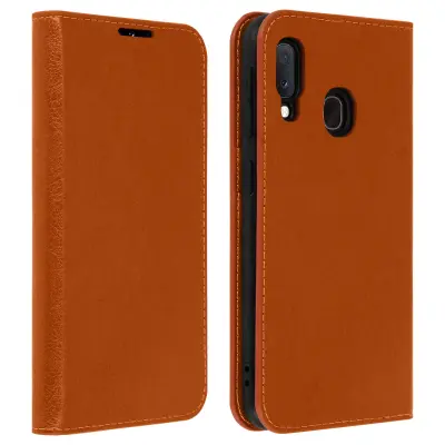 Etui, držalo za kartice in stojalo za video iz pravega usnja - Camel str. Samsung Galaxy A20e