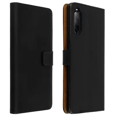 Torbica za Sony Xperia 10 II iz pravega usnja, preklopna denarnica in stojalo za video - crna