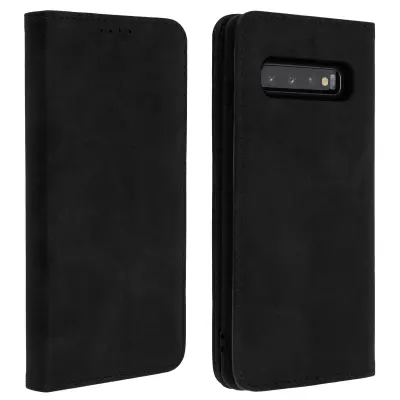 Ovitek za denarnico v videzu postaranega usnja, funkcija video podpore - crna str. Samsung Galaxy S10