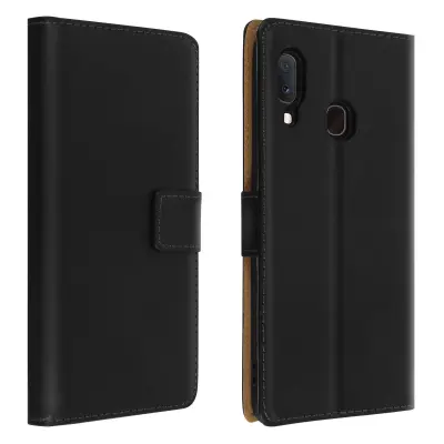 Folio Case Dralo za kartice in podpora za video, Pravo usnje - crna str. Samsung Galaxy A20e