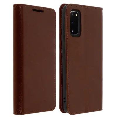 Etui za Galaxy S20, držalo za kartico in video iz pravega usnja - temno rjava
