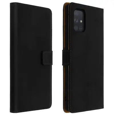 Ovitek za Samsung Galaxy A51 iz pravega usnja, preklop za denarnico in stojalo za video - crn