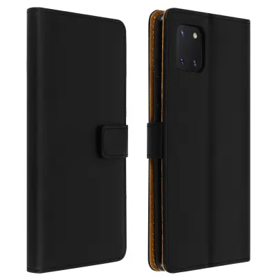 Ovitek za Samsung Galaxy Note 10 Lite, držalo za kartice in stojalo za video, pravo usnje - crn
