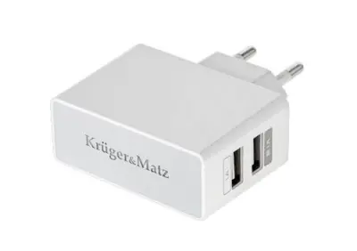 Polnilec AC za telefone KRUGER-MATZ 2xUSB, 2,1A, bele barve