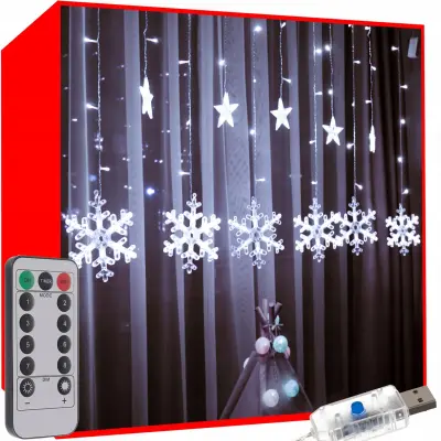 Novoletne lučke svetlobna zavesa 138 LED hladno bela 8 funkcij USB zvezde in snežinke