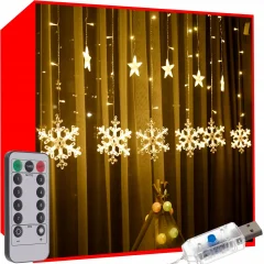 Novoletne lučke svetlobna zavesa 138 LED toplo bela 8 funkcij USB zvezde in snežinke