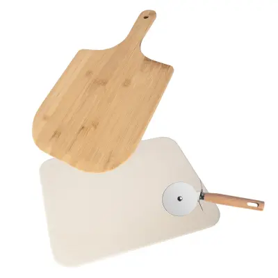 Kamnita plošča za pizzo 38x3x1CM + lopar + kolesce / keramika, les inox