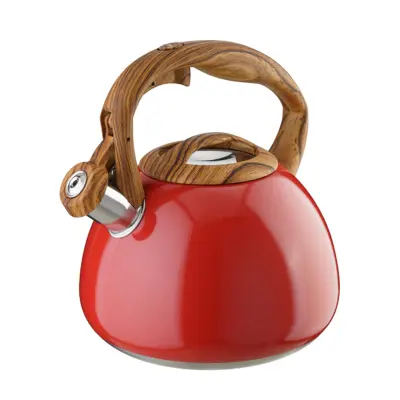 Čajnik z ročajem v imitaciji lesa 3l / rdeč / indukcija / inox, pvc