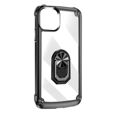 Ovitek za iPhone 15 Plus, odporen na udarce, podpora za prstan - prozoren/crn, serija Ultimate