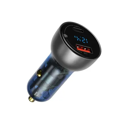 Baseus Particular Digital Display avtomobilski polnilec z zaslonom, USB + USB-C, QC3.0+PD, 5A, 65W (srebrn)