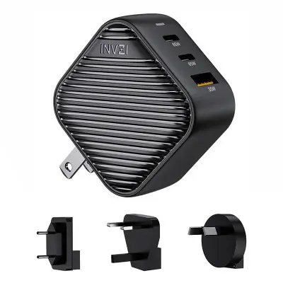 INVZI GanHub 2x USB-C + USB polnilec, 65W, EU/UK/AU/US (črn)