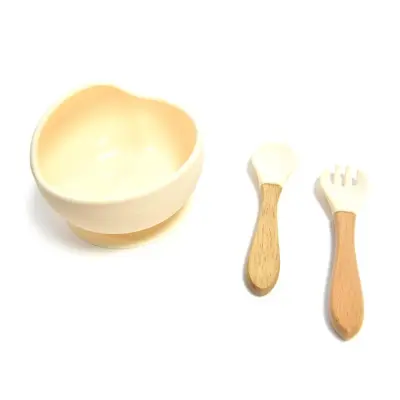 3-delni otroški set jedilni / bež / silikon, les