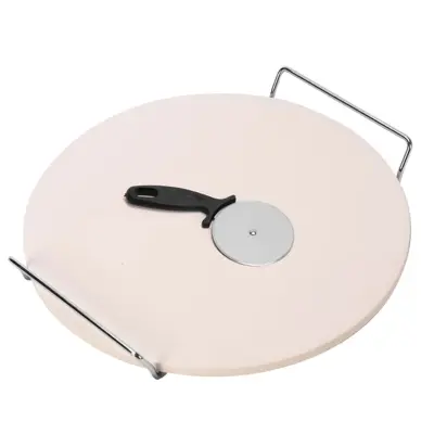 KAMNITA PLOŠČA ZA PIZZO NA STOJALU  33CM+ KOLESCE ZA PIZZO / OKROGLA / KERAMIKA, INOX