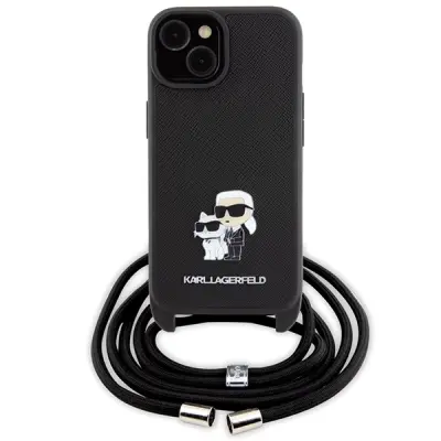 Ovitek KARL LAGERFELD KLHCP15SSALCPSK, Iphone 15, črn s paščkom