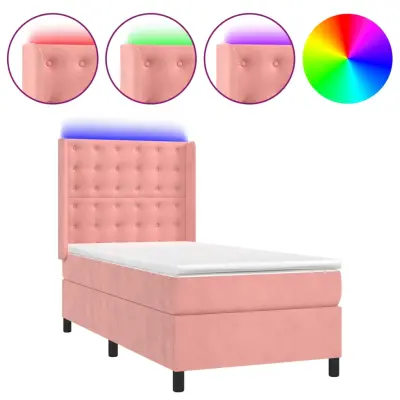 vidaXL Box spring postelja z vzmetnico LED roza 100x200 cm žamet