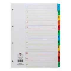 Pregradni karton - register bel A4 12-delni 1-12 številke z barvnimi jahači maxi 09801