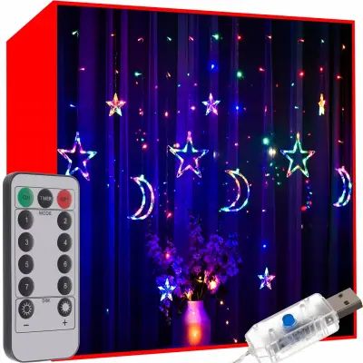 Novoletne lučke svetlobna zavesa 138 LED RGB 8 funkcij USB zvezde in lune