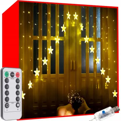 Novoletne lučke svetlobna zavesa 136 LED toplo bele 8 funkcij USB zvezde
