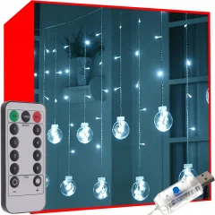Novoletne lučke svetlobna zavesa 108 LED hladno bela 8 funkcij USB kroglice