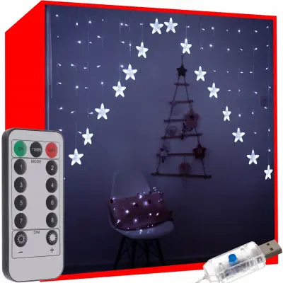 Novoletne lučke svetlobna zavesa 136 LED hladno bele 8 funkcij USB zvezde