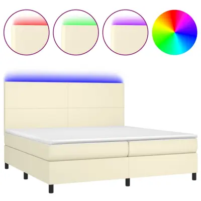 vidaXL Box spring postelja z vzmetnico LED krem 200x200cm umetno usnje