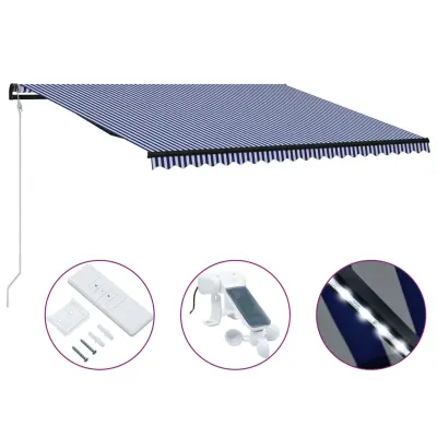 vidaXL Zložljiva tenda s senzorjem LED 500x300 cm modra in bela