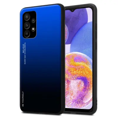 Ohišje je združljivo z Samsung Galaxy A23 4G / 5G in modra - črna - Dvobarvni zaščitni pokrov iz silikona TPU in hrbtna stran iz kaljenega stekla