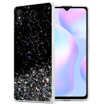 Ohišje, združljivo z Xiaomi RedMi 9A / RedMi 9AT in črna z bleščicami - Zaščitni ovitek iz prožnega silikona TPU s svetlečimi bleščicami