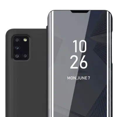 Ohišje združljivo z Samsung Galaxy A31 in črni turmalin - Clear View Mirror zaščitni pokrov s funkcijo stojala 360-stopinjska zaščita