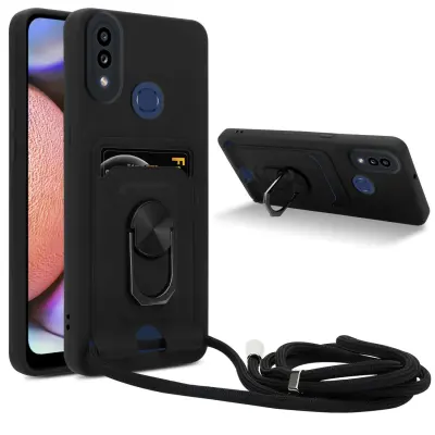 Verižica za mobilni telefon s funkcijo stojala, združljiva z Samsung Galaxy A10s/M01s v črna barvi - silikonski zaščitni pokrov z nastavljivim trakom