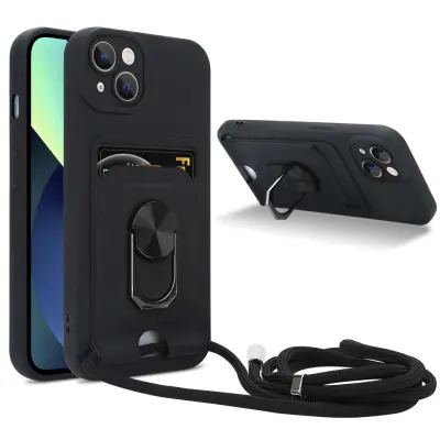 Verižica za mobilni telefon s funkcijo stojala, združljiva z Apple iPhone 14 PLUS v črna barvi - silikonski zaščitni pokrov z nastavljivim trakom
