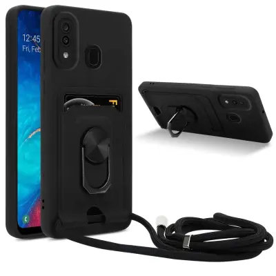 Verižica za mobilni telefon s funkcijo stojala, združljiva s Samsung Galaxy A20/A30/M10s v črna barvi - silikonski zaščitni pokrov z nastavljivim trak